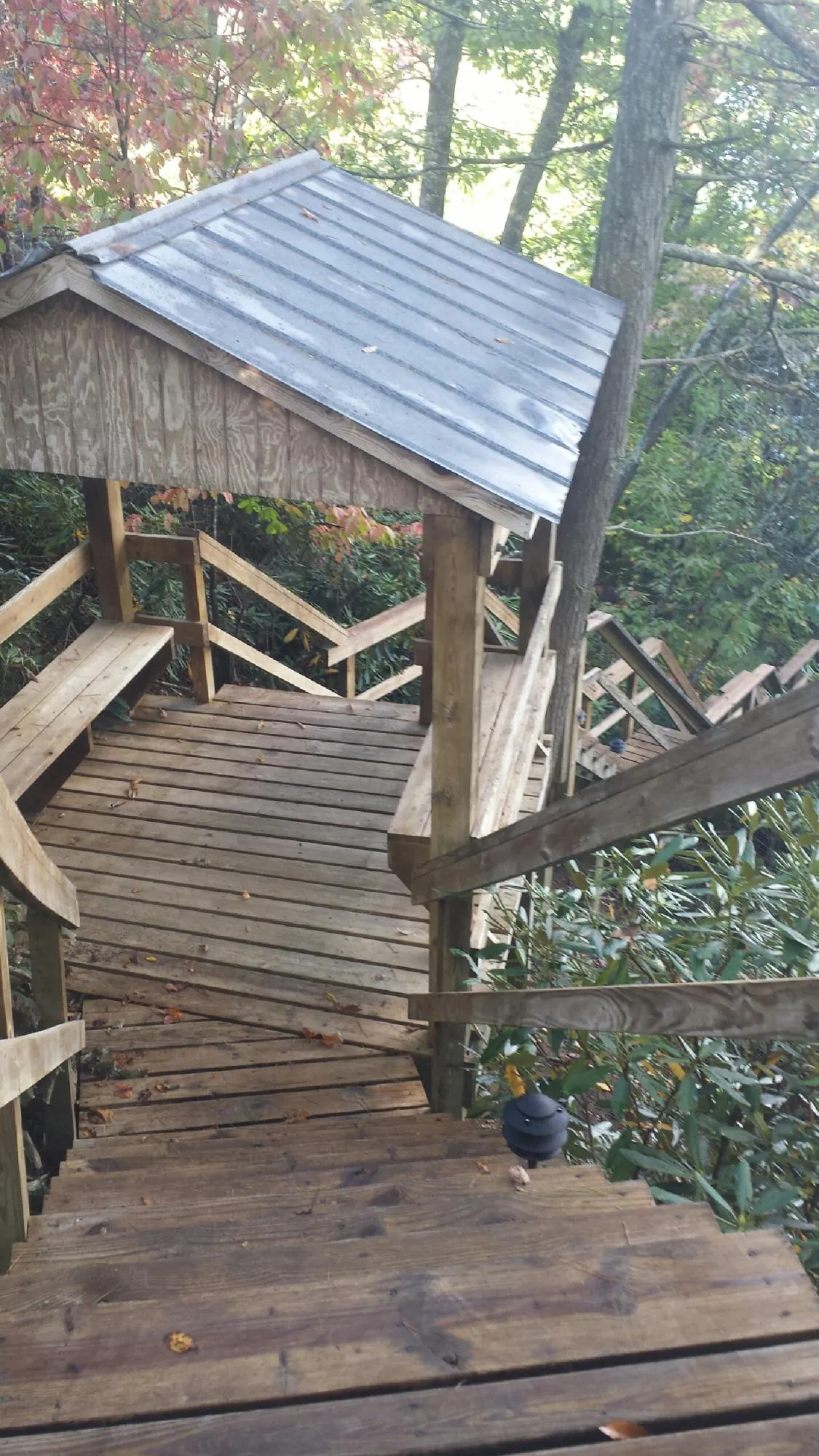 Metal roofed shelter over wooden steps on a wooded walkway — Skylight Repair & Installation work by our crew in Brazoria